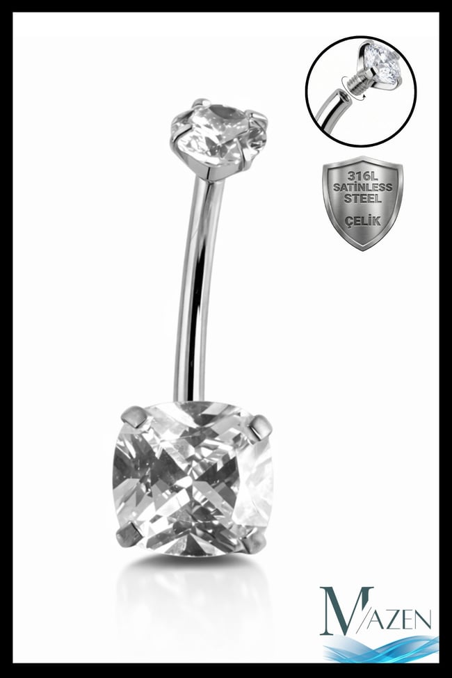 Cushion Kesim Baget Taşlı Göbek Piercing | Gümüş Renk | 316L Çelik | Kararmaz