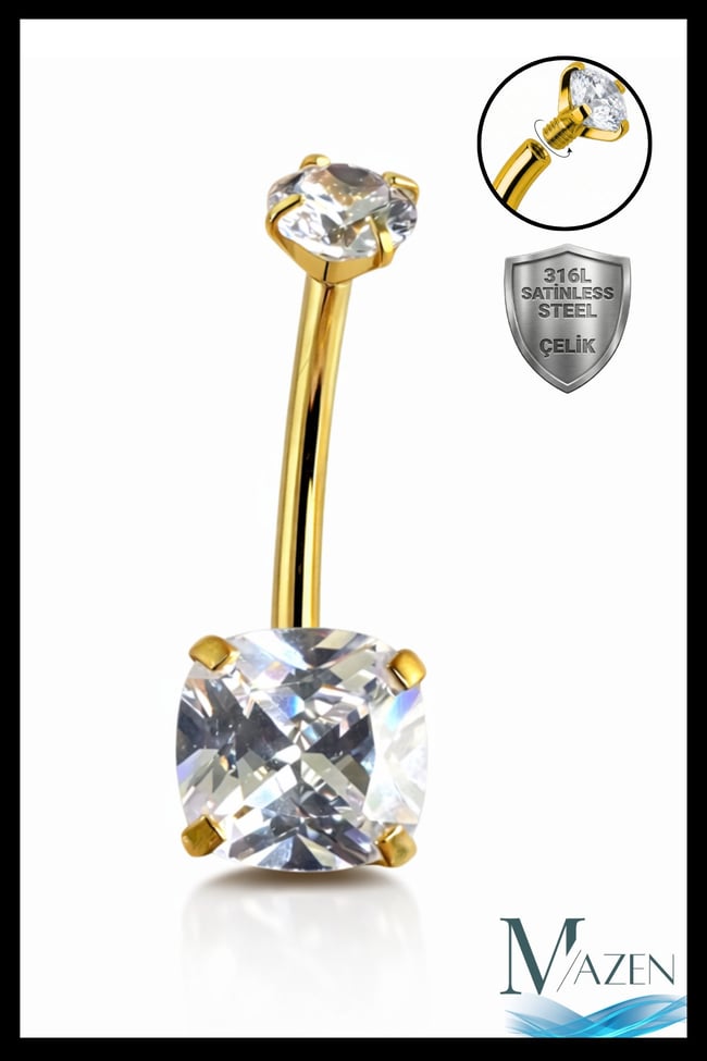 Cushion Kesim Baget Taşlı Göbek Piercing | Gold Renk | 316L Çelik | Kararmaz