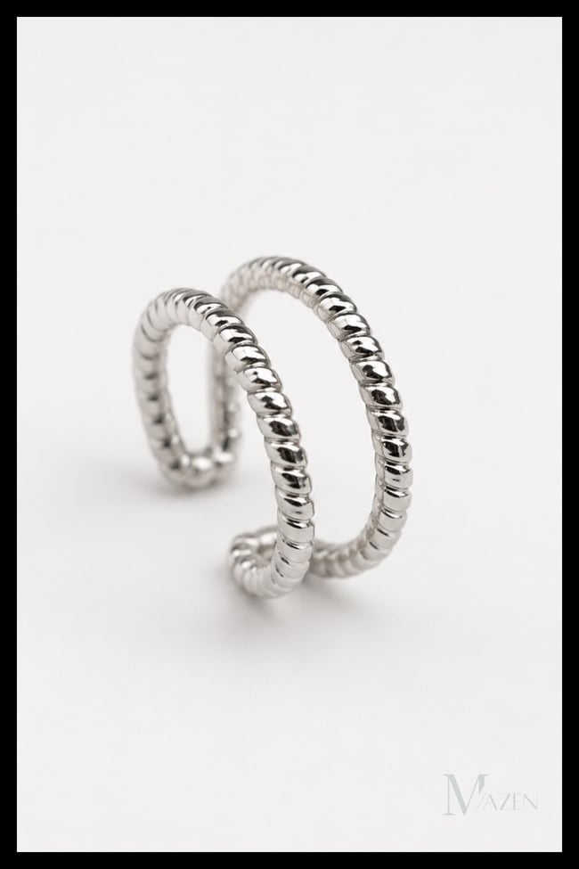 Delik Gerektirmeyen Çift Halka Görünümlü Ayarlanabilir Kıkırdak Küpe Ear Cuff Gümüş Renk