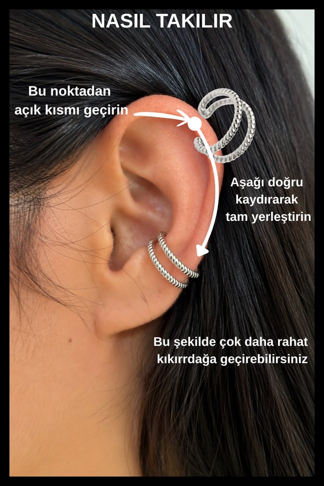 Delik Gerektirmeyen Çift Halka Görünümlü Ayarlanabilir Kıkırdak Küpe Ear Cuff Gümüş Renk