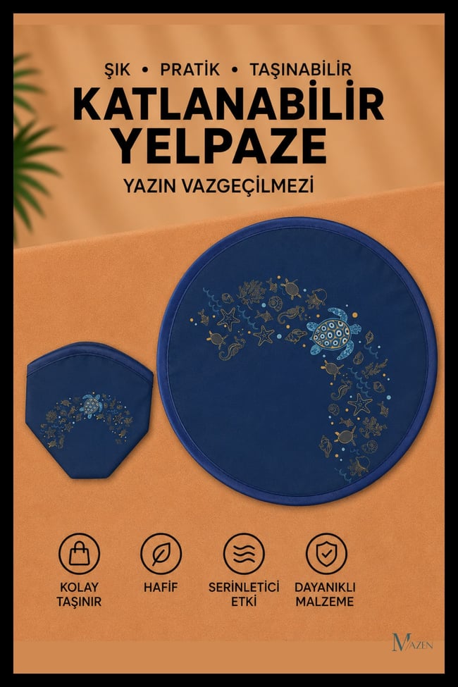 Deniz Kaplumbağası Desen Katlanabilir Yuvarlak Yazlık Taşınabilir El Yelpazesi