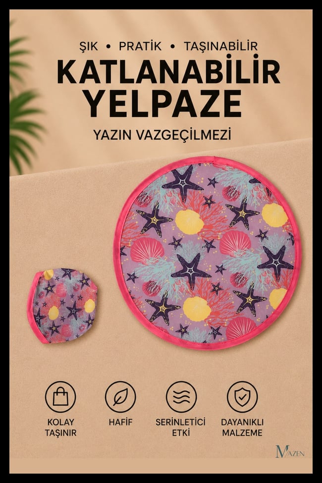 Deniz Yıldızı Desen Katlanabilir Yuvarlak Yazlık Taşınabilir El Yelpazesi