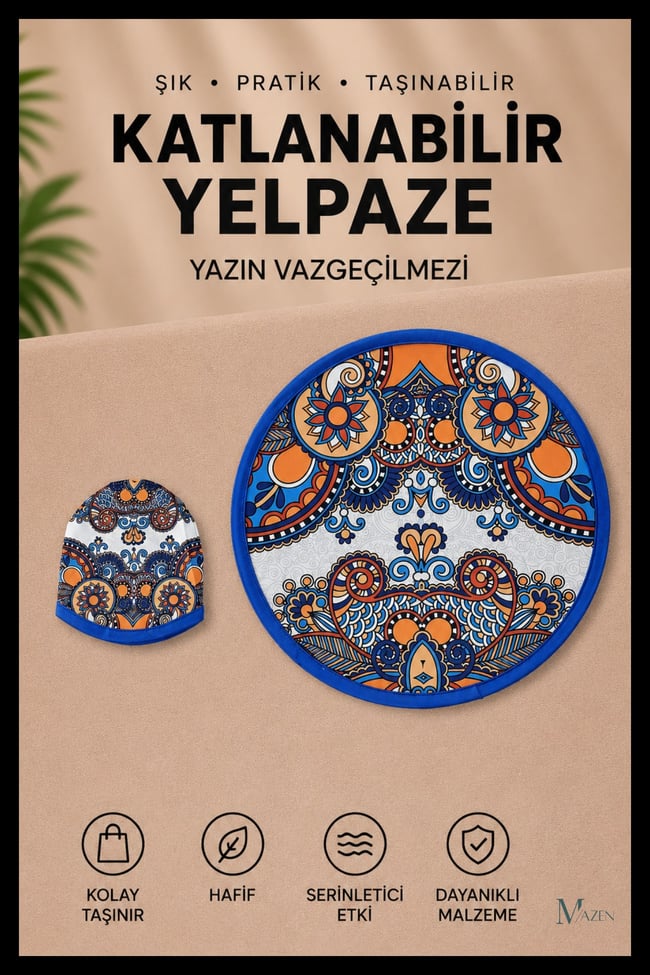 Etnik Desenli Katlanabilir Yuvarlak Yazlık Taşınabilir El Yelpazesi