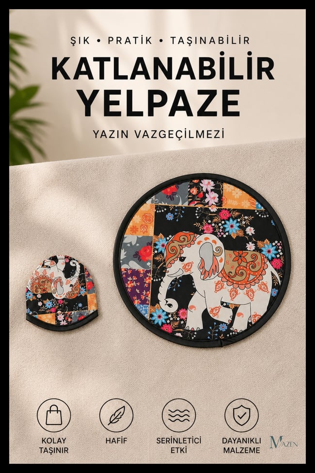 Etnik Fil Desenli Katlanabilir Yuvarlak Yazlık Taşınabilir El Yelpazesi