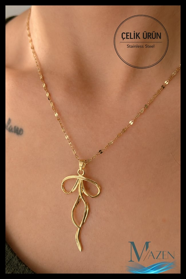 Fiyonk Model Pullu Zincir Çelik Kolye | Gold Renk | Kadın Kolye Aksesuar