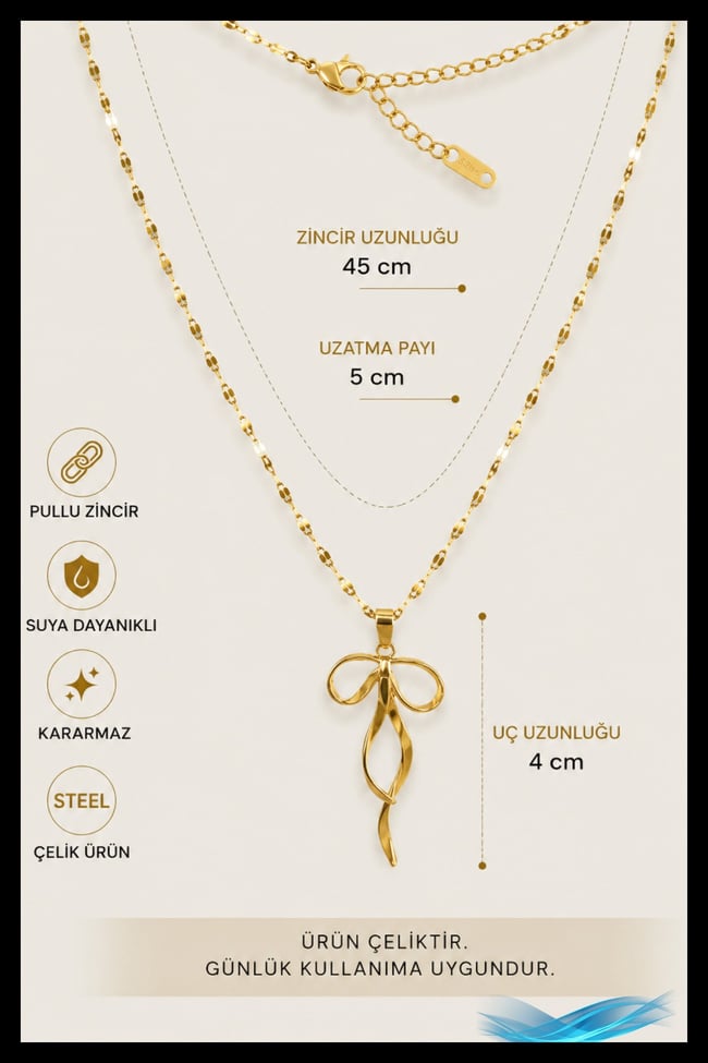 Fiyonk Model Pullu Zincir Çelik Kolye | Gold Renk | Kadın Kolye Aksesuar