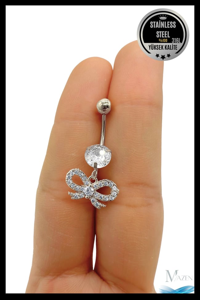 Fiyonk Model Sallantılı Göbek Piercing | 316L Çelik | Taşlı Tasarım | Kadın Takı Aksesuar | Pirsing