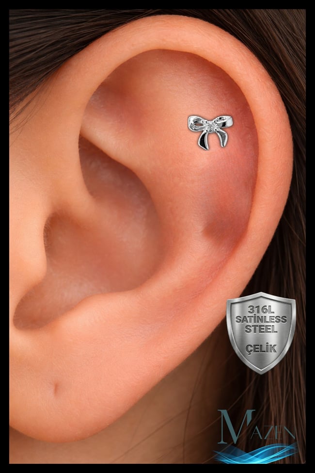 Fiyonk Taşlı Tragus Helix Piercing | 316L Çelik | Vidalı Flat Back | Gümüş Renk