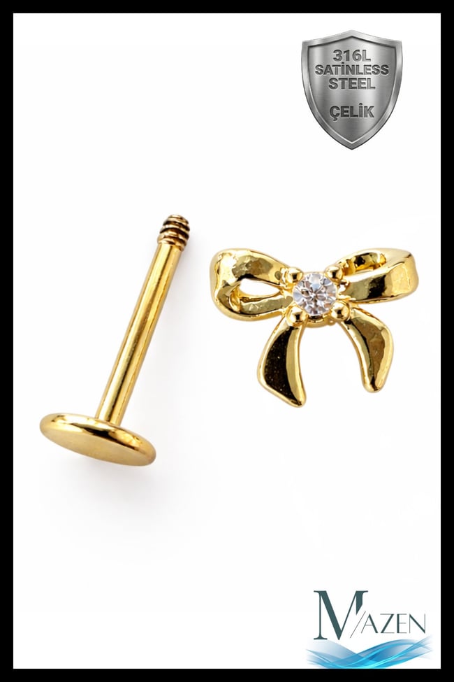 Fiyonk Taşlı Tragus Helix Piercing | 316L Çelik | Vidalı Flat Back | Gold
