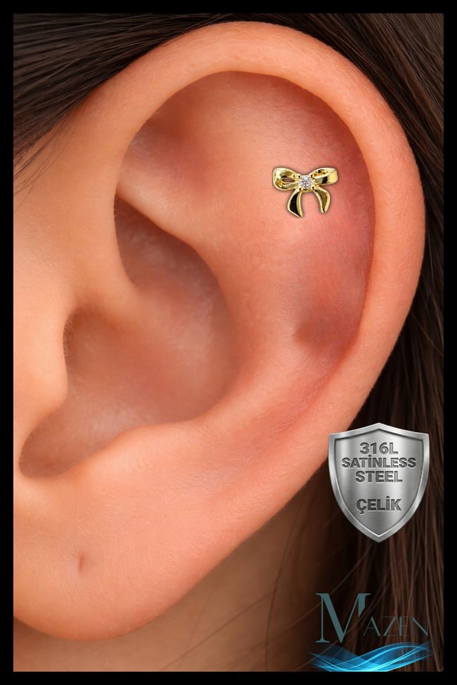 Fiyonk Taşlı Tragus Helix Piercing | 316L Çelik | Vidalı Flat Back | Gold