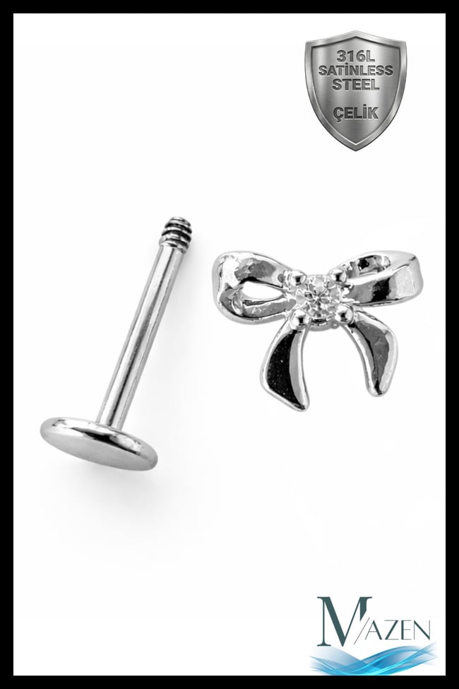 Fiyonk Taşlı Tragus Helix Piercing | 316L Çelik | Vidalı Flat Back | Gümüş Renk