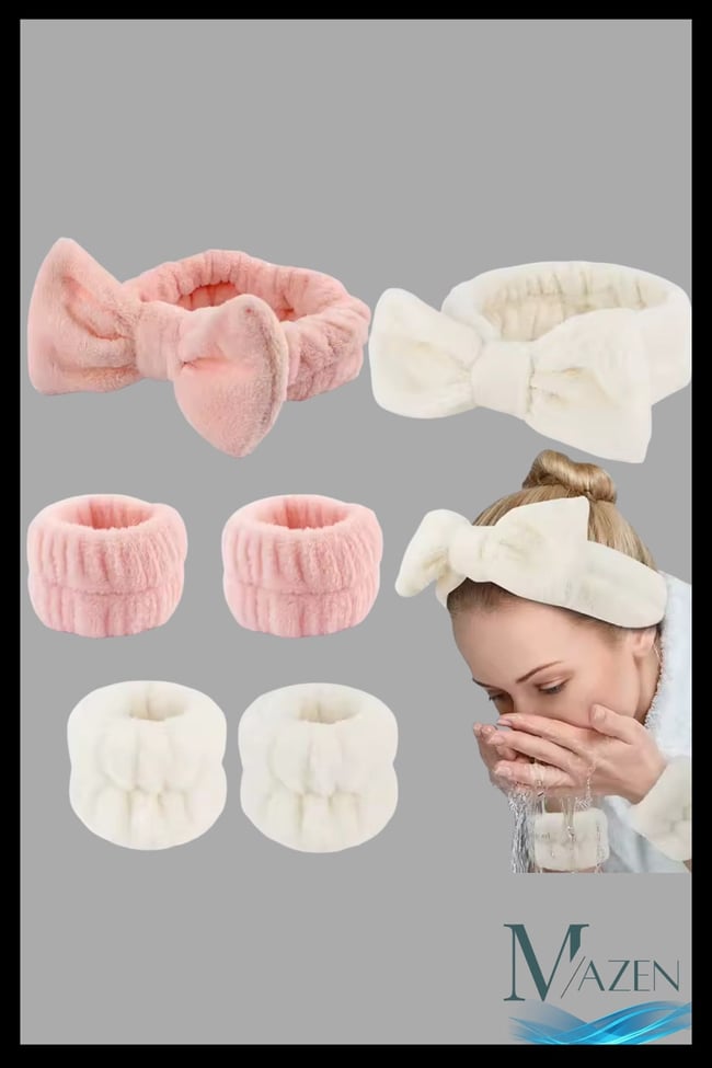 Fiyonklu Peluş Saç Bandı & Su Tutucu Kolluk Seti | Makyaj Spa Yüz Yıkama Havlu Aksesuar