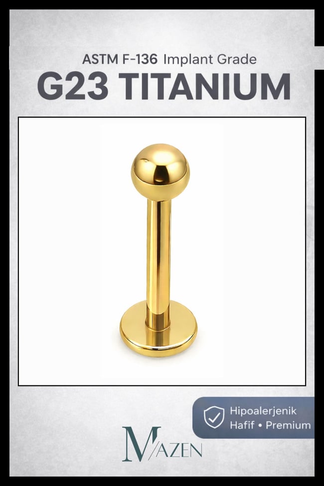 G23 Titanyum Piercing Labret Model | Tragus Helix Septum Smile Uyumlu | Gold Renk Premium