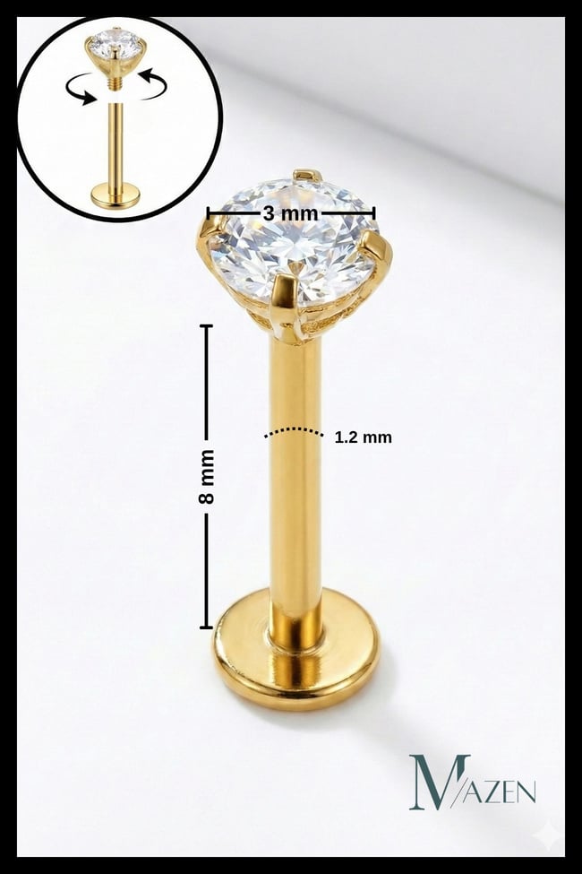 G23 Titanyum Tek Taş Labret Piercing | Tragus Helix | Vidalı Flat Back | Hassas Cilt Uyumlu