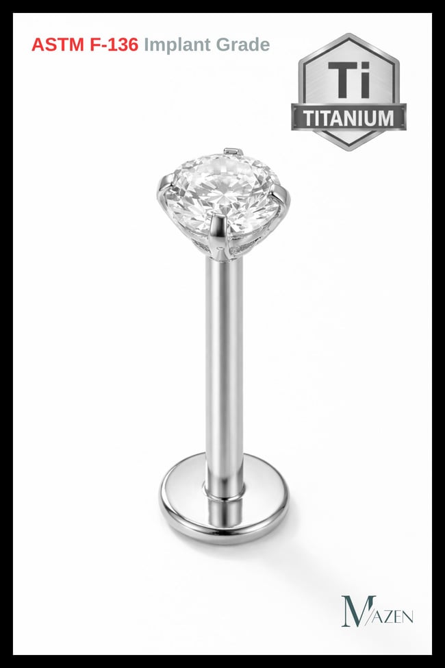 G23 Titanyum Tek Taş Labret Piercing | Tragus Helix | Vidalı Flat Back | Hassas Cilt Uyumlu