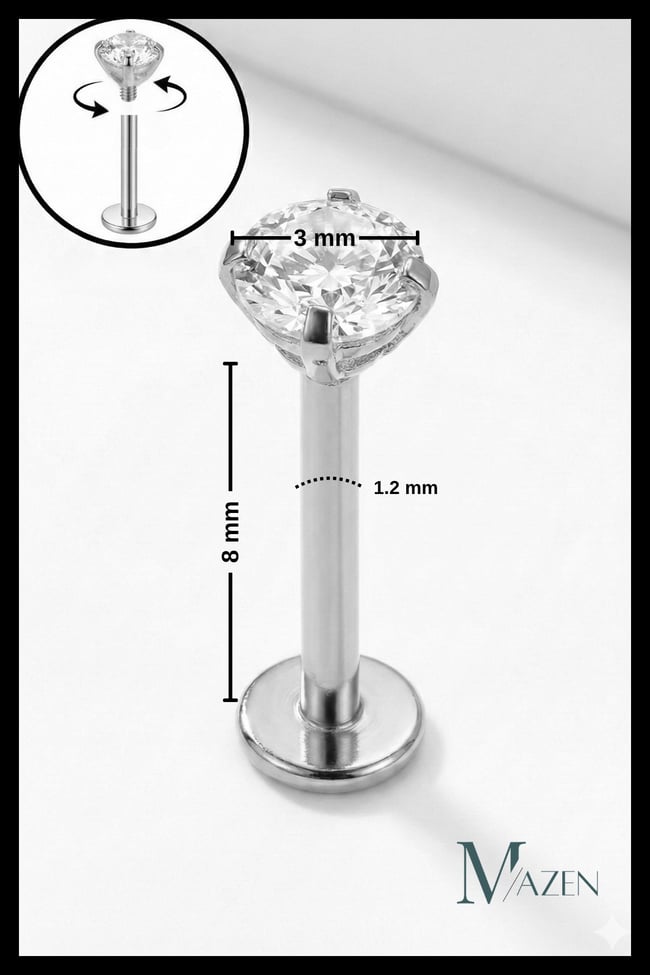G23 Titanyum Tek Taş Labret Piercing | Tragus Helix | Vidalı Flat Back | Hassas Cilt Uyumlu