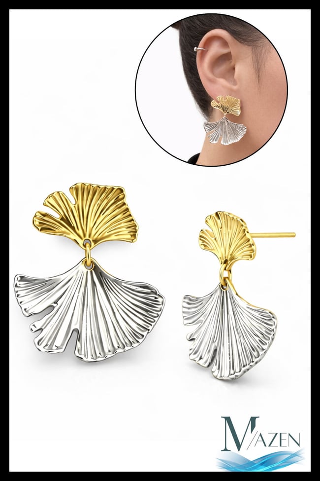 Ginkgo Yaprak Sallantılı Küpe | Gold & Gümüş Çift Renk | Modern Kadın Takı