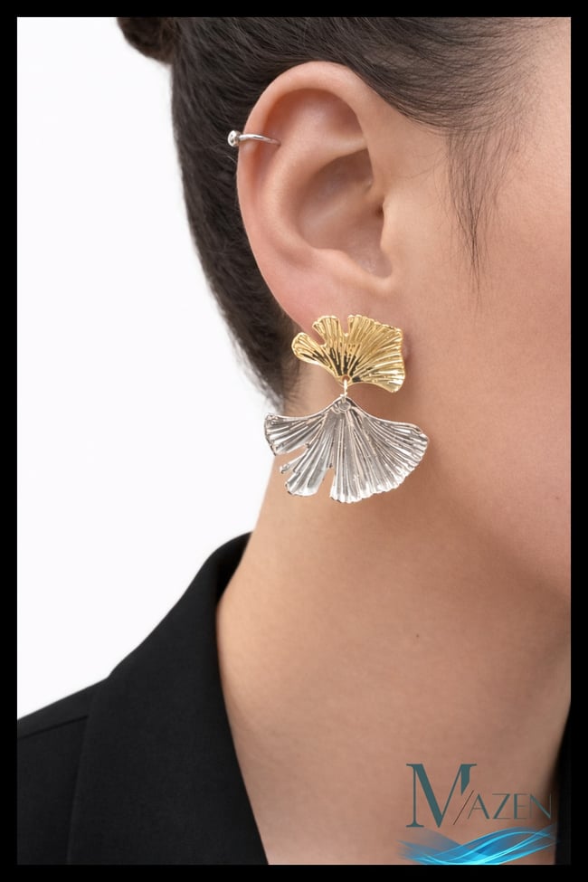 Ginkgo Yaprak Sallantılı Küpe | Gold & Gümüş Çift Renk | Modern Kadın Takı
