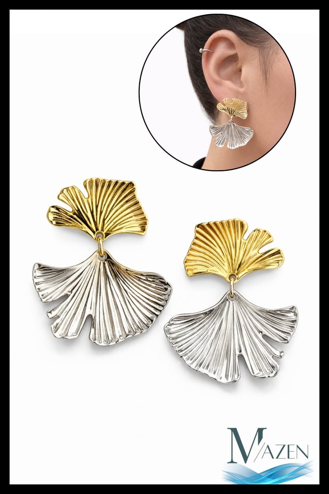 Ginkgo Yaprak Sallantılı Küpe | Gold & Gümüş Çift Renk | Modern Kadın Takı