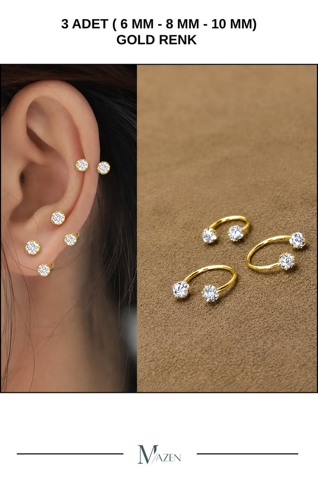 Gold 3'lü 316l Kararmaz Cerrahi Çelik Kristal Taşlı Kıkırdak Dudak Burun Septum Tragus Piercing