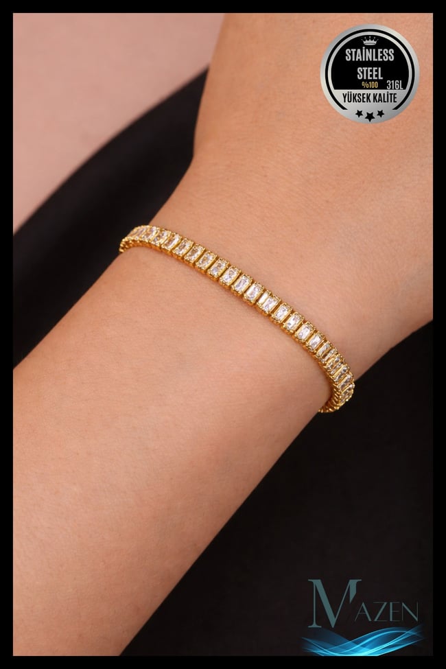 Gold Çelik Suyolu Bileklik | Kristal Taşlı | 18 cm | Kadın Takı
