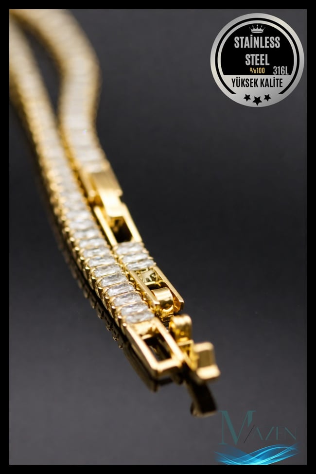 Gold Çelik Suyolu Bileklik | Kristal Taşlı | 18 cm | Kadın Takı