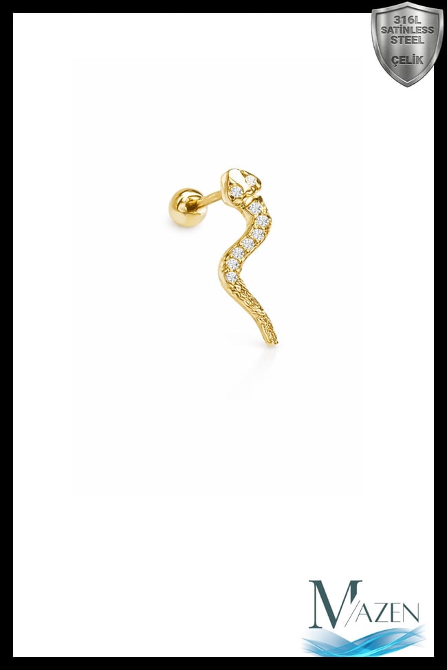 Gold Renk Çelik Yılan Tragus, Kıkırdak, Helix 8mm Piercing (İKİ TARAFLI AÇILABİLİR)