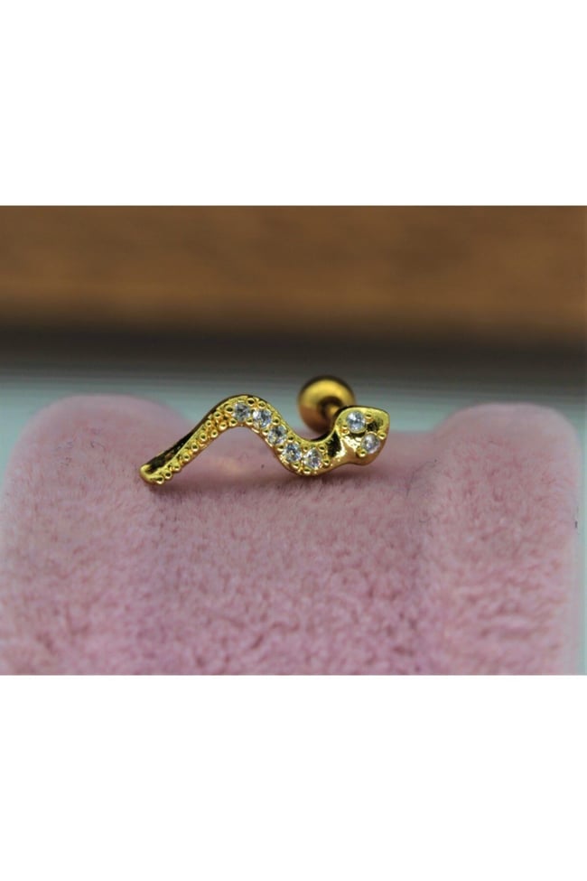 Gold Renk Çelik Yılan Tragus, Kıkırdak, Helix 8mm Piercing (İKİ TARAFLI AÇILABİLİR)