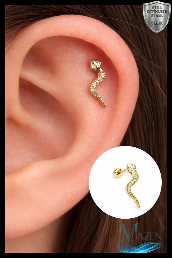 Gold Renk Çelik Yılan Tragus, Kıkırdak, Helix 8mm Piercing (İKİ TARAFLI AÇILABİLİR)