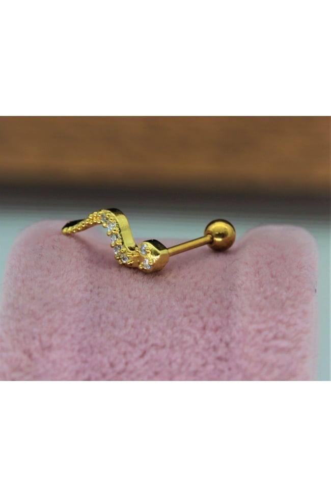 Gold Renk Çelik Yılan Tragus, Kıkırdak, Helix 8mm Piercing (İKİ TARAFLI AÇILABİLİR)