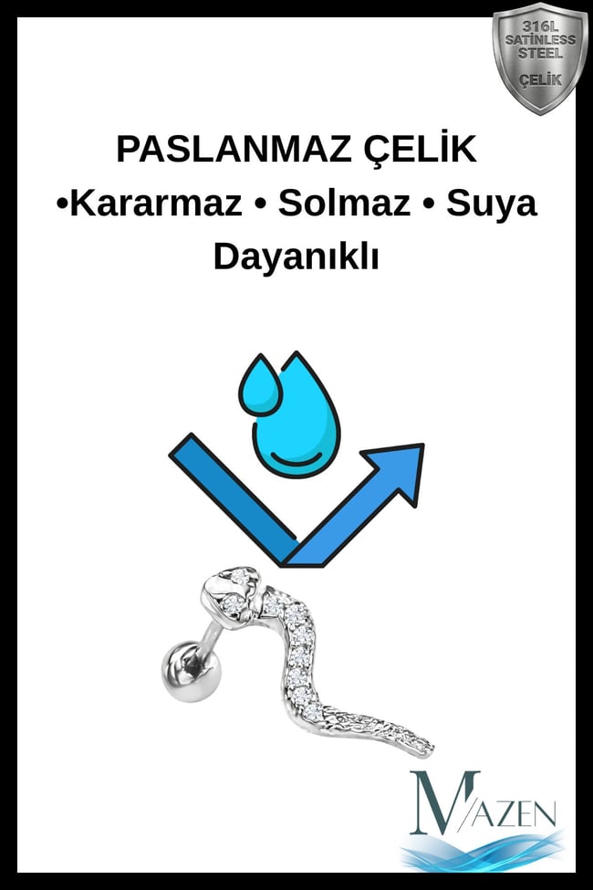 Gold Renk Çelik Yılan Tragus, Kıkırdak, Helix 8mm Piercing (İKİ TARAFLI AÇILABİLİR)
