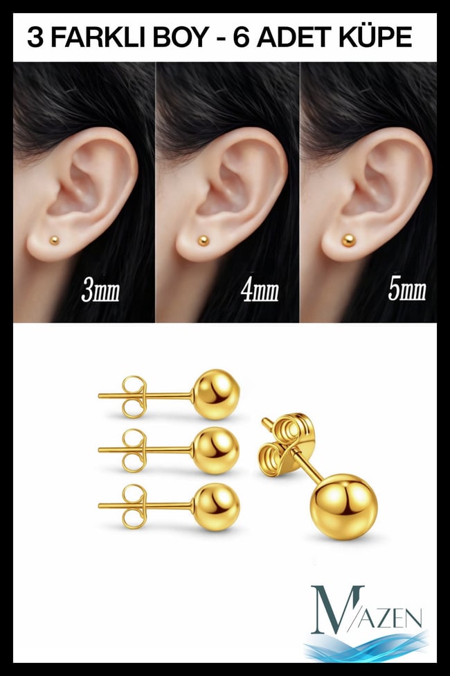 Gold Renk Cerrahi Çelik 316L Kararmaz Toplu  Küpe Özel Seri (3 Çift 3 Farklı Boy)