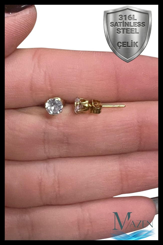 Gold Renk Cerrahi Çelik 316L Kararmaz OVAL Zirkon Taşlı Küpe Özel Seri (3 Çift 3 Farklı Boy)