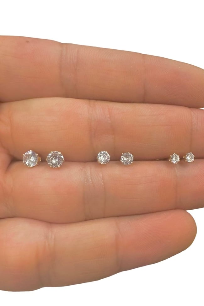 Gold Renk Cerrahi Çelik Üç Çift Tek Taşlı Küpe (Üç Farklı Boy 2mm, 3mm, 4mm)