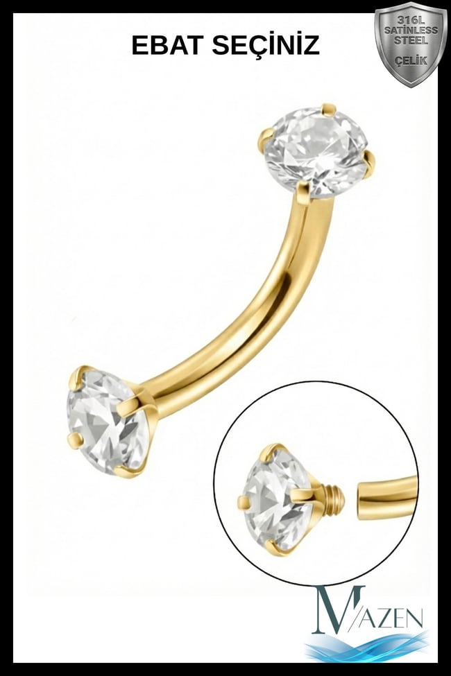 Gold Renk Çift Zirkon Taşlı Tırnaklı Kaş Piercingi (Curved Barbell)