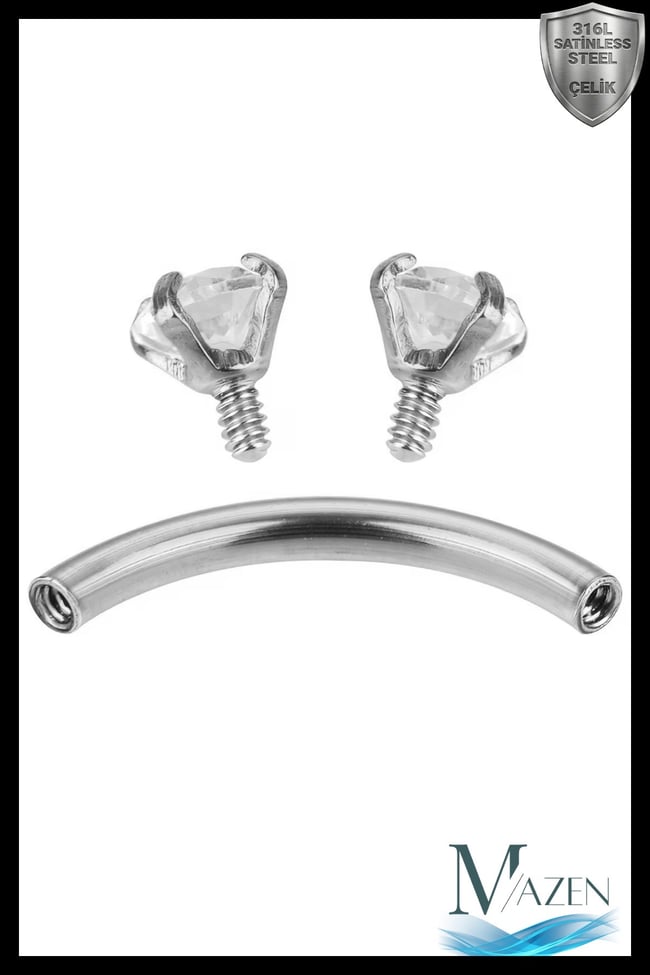 Gold Renk Çift Zirkon Taşlı Tırnaklı Kaş Piercingi (Curved Barbell)