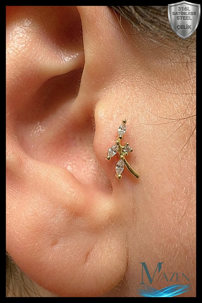 Gold Renk Markiz Taşlı Yaprak Dal Figürlü 316L Cerrahi Çelik Tragus Helix Piercing
