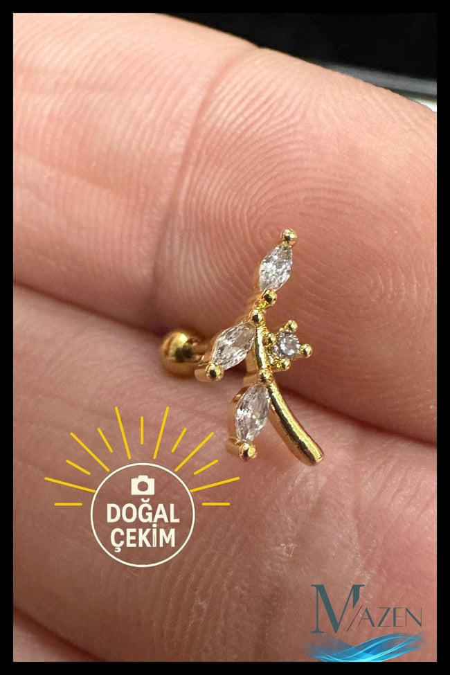 Gold Renk Markiz Taşlı Yaprak Dal Figürlü 316L Cerrahi Çelik Tragus Helix Piercing