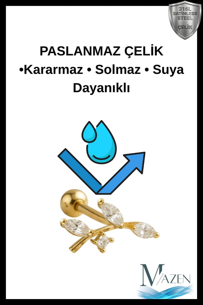 Gold Renk Markiz Taşlı Yaprak Dal Figürlü 316L Cerrahi Çelik Tragus Helix Piercing