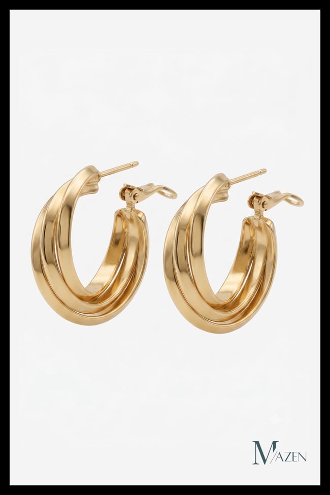 Gold Renk Üç Şerit Geçişli Oval Halka Küpe Kalın Metal Kadın Küpe