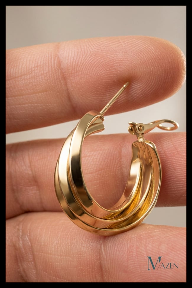 Gold Renk Üç Şerit Geçişli Oval Halka Küpe Kalın Metal Kadın Küpe