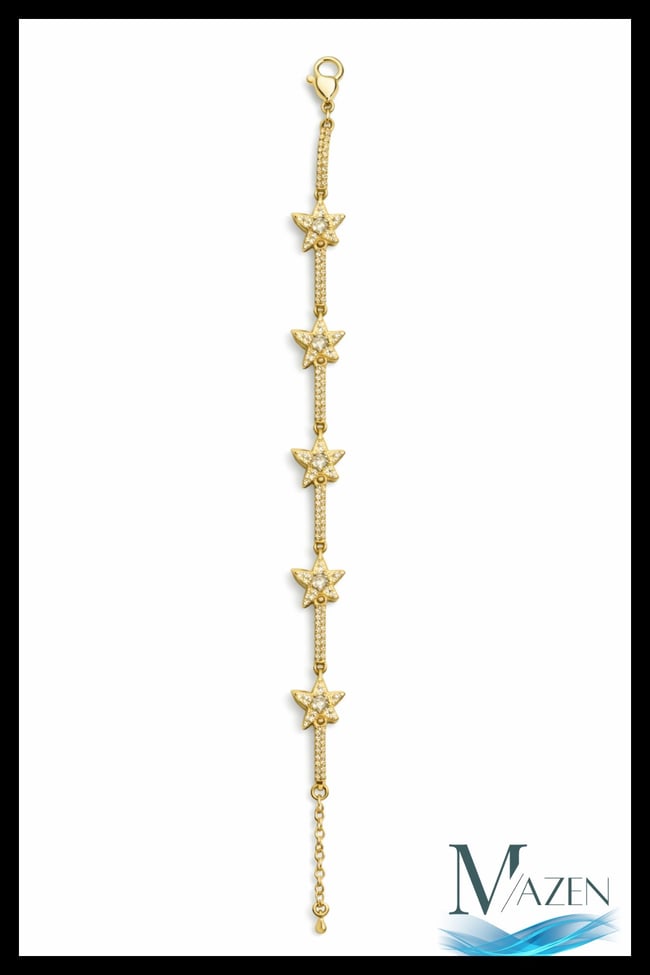 Gold Renk Zirkon Taşlı 5'li Sıralı Yıldız Bileklik Ayarlanabilir Zincir Bileklik (16+5 cm)