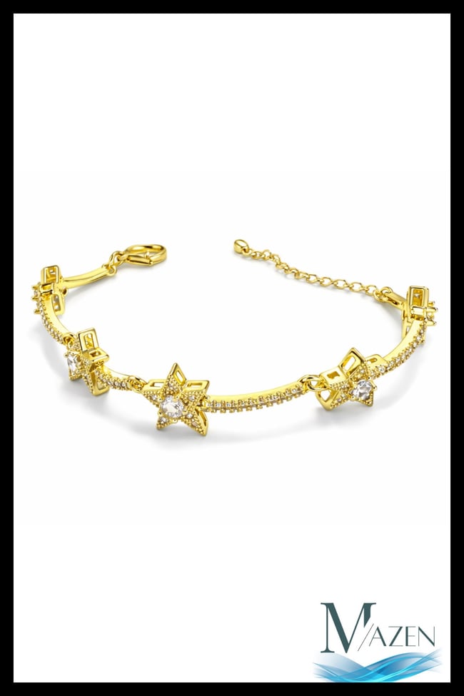 Gold Renk Zirkon Taşlı 5'li Sıralı Yıldız Bileklik Ayarlanabilir Zincir Bileklik (16+5 cm)