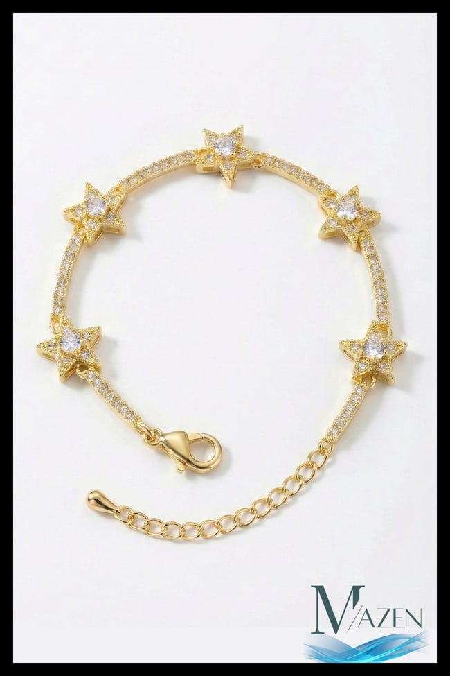 Gold Renk Zirkon Taşlı 5'li Sıralı Yıldız Bileklik Ayarlanabilir Zincir Bileklik (16+5 cm)