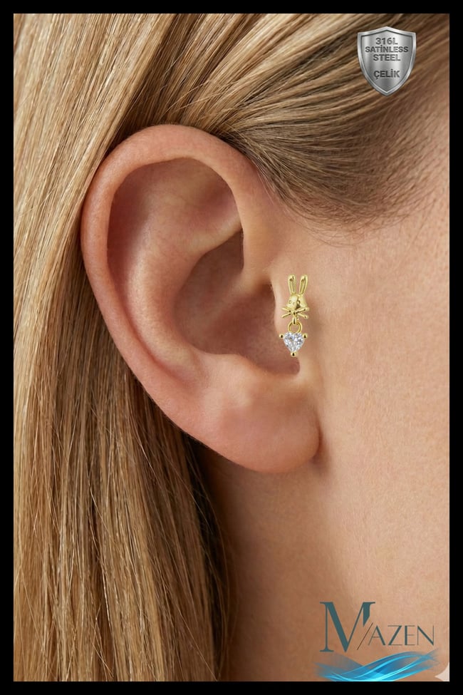 Gold Tavşan Figürlü Sallantılı Tragus Helix Piercing | 316L Çelik | Rabbit Flat Back