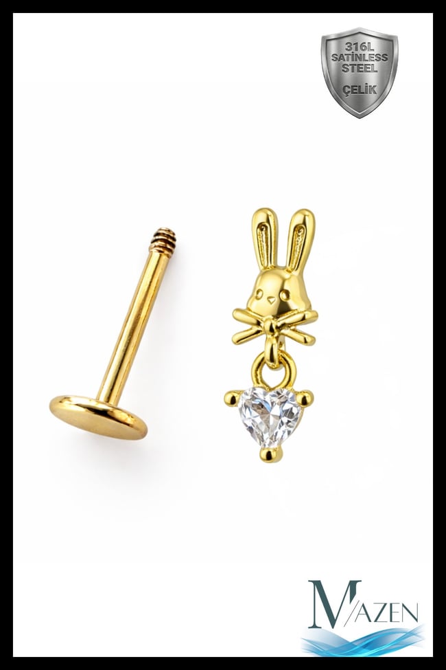 Gold Tavşan Figürlü Sallantılı Tragus Helix Piercing | 316L Çelik | Rabbit Flat Back