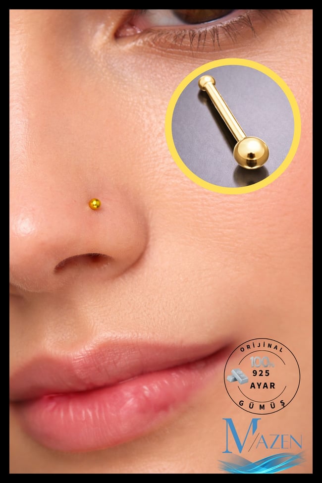 Gold Top Uçlu Hızma Burun Piercing | 925 Ayar Gümüş | Gold Renk | Minimal Takı