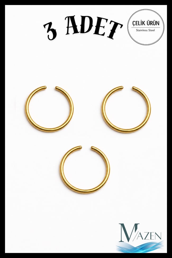 Gold Üçlü Halka Hızma | Cerrahi Çelik | İnce Tel | Gümüş Renk Burun Piercing