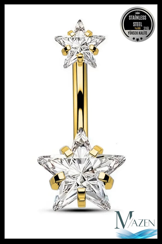 Gold Yıldız Zirkon Taşlı Göbek Piercing | 316L Çelik | Kadın Takı Aksesuar | Pirsing
