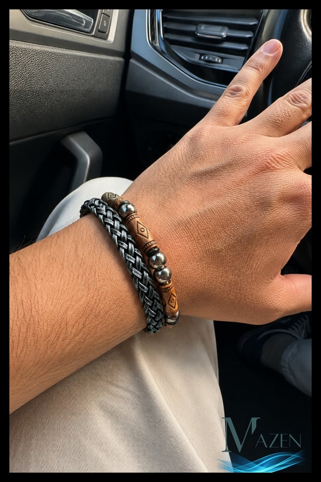 Gri Örgülü Çift Sıra Metal ve Ahşap Detaylı Erkek Bileklik